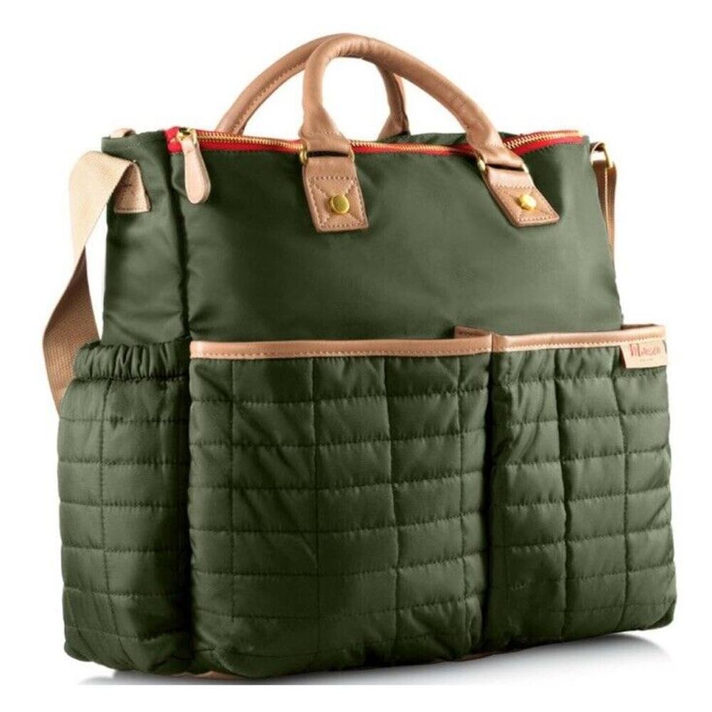 Maman New York Designer Diaper Bag With Matching Changing Pad Green, Tan Handles